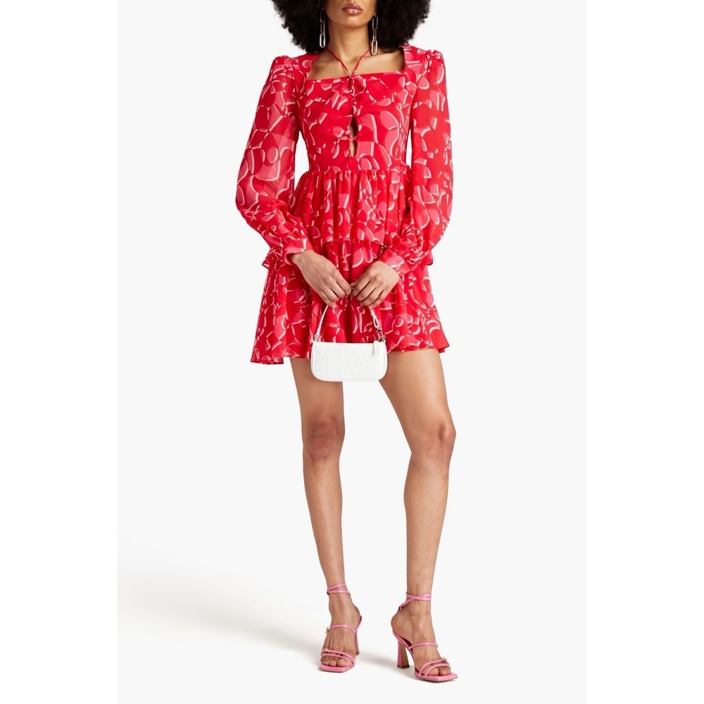 ONE33 Social Georgette Mini Dress Size 2 Pink Red Lace Up Front Ruffled NWT